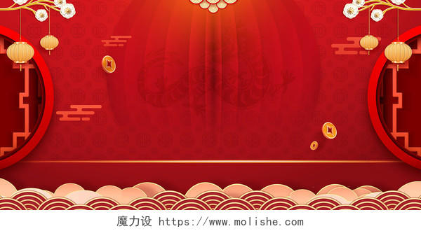 红色复古风格春节龙纹节日背景